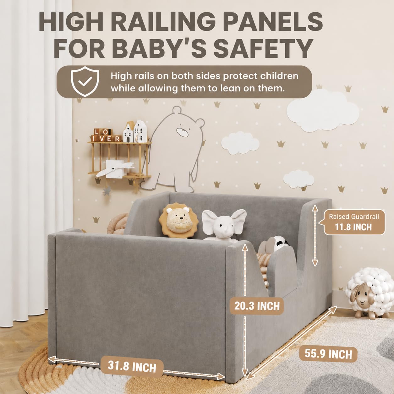 SOFTLYNICE Toddler Bed, Toddler Floor Bed Frame with Guard Rails, Small Bed for Kids Boys and Girls Aged 2-6 Years, Standard Crib Mattress Toddler Beds, Certified Fabric Toddler Beds(Big Gray)