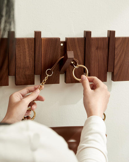 Wood Coat Rack Wall Mount - Large Walnut Piano Coat Rack wtih 5 Hooks for Hanging Clothes,Keys,Robes,Purse,Towels,Modern Decorative Wall hooks Heavy Duty Hanger Organizer for Bathroom/Bedroom/Entryway