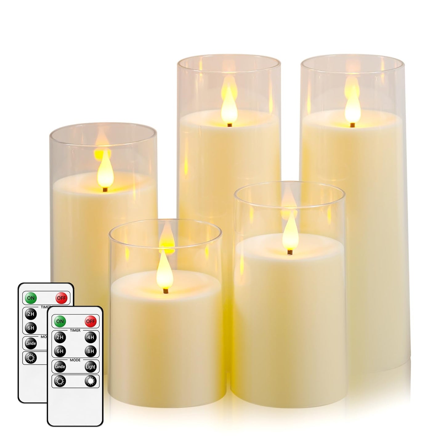 Fo32won Ivory White LED Flameless Pillar Candles Battery Operated with Remote and Timer, Pack of 5 (D 3"×H 4" 5" 6" 8" 8") Decorative Plexiglass Flickering Candles with 3D Flame