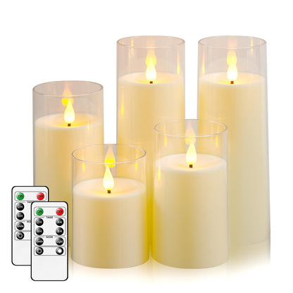 Fo32won Ivory White LED Flameless Pillar Candles Battery Operated with Remote and Timer, Pack of 5 (D 3"×H 4" 5" 6" 8" 8") Decorative Plexiglass Flickering Candles with 3D Flame