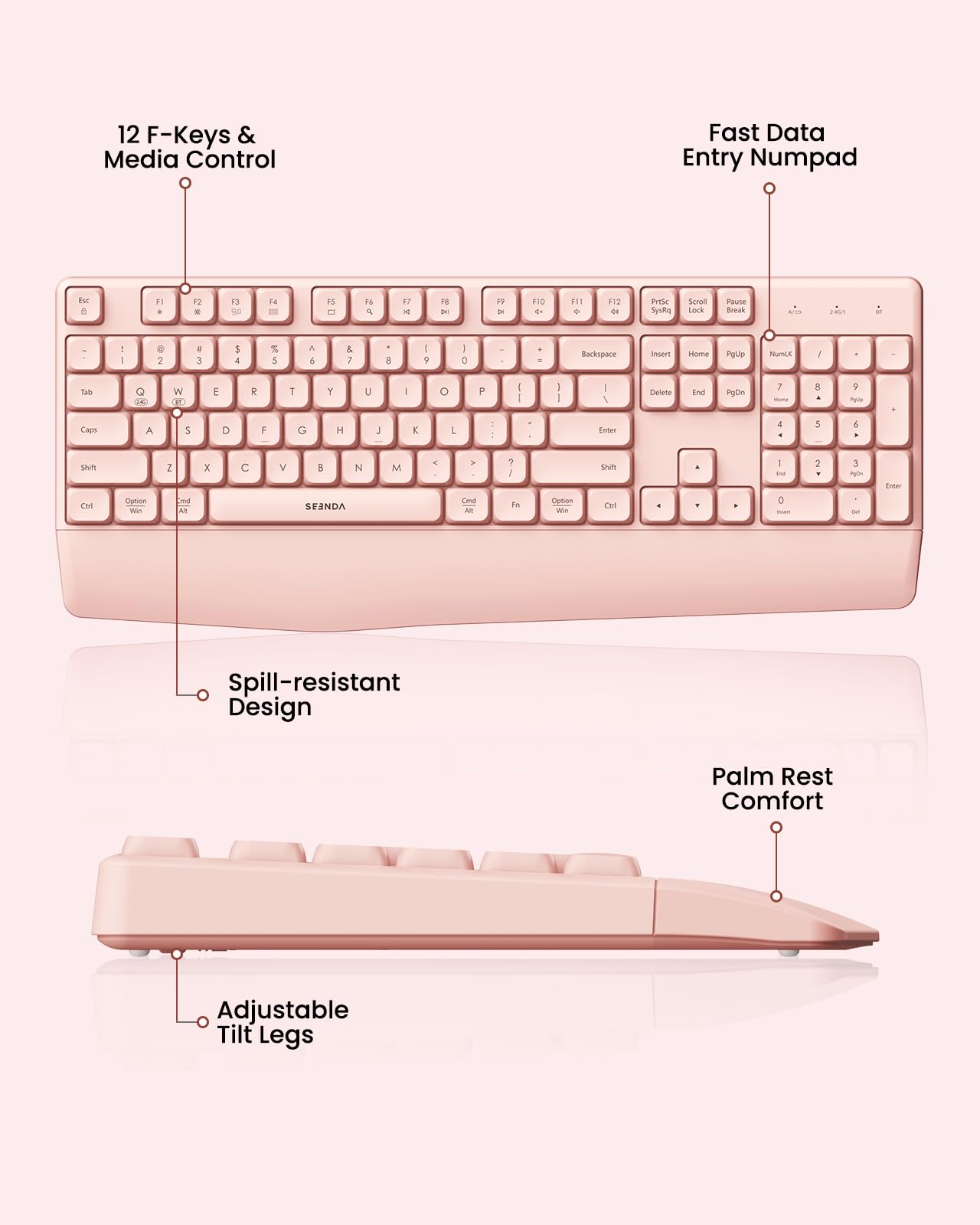 seenda Bluetooth Keyboard and Mouse, COE200 USB + Bluetooth Multi Device, Ergonomic Keyboard Mouse Set, Full-Size Wireless Combo Compatible for Mac OS/Windows PCs Computers Laptops MacBooks - Black