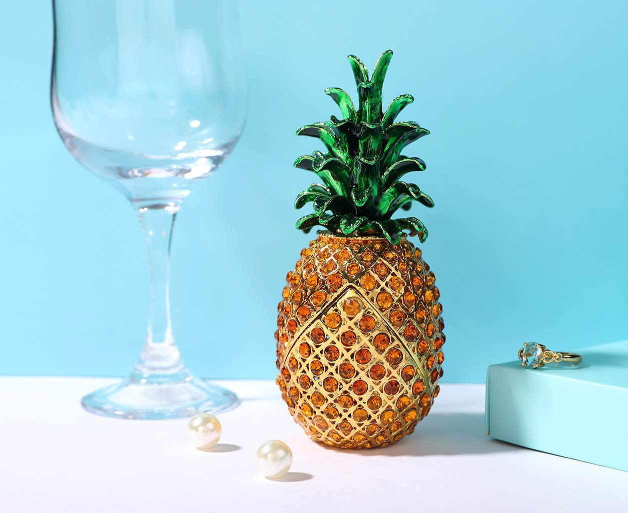 Furuida Pineapple Jewelry Trinket Boxes Hinged Hand-painted with Crystal Fruit Collectible Ornaments Gift Room Decor for Women Girls