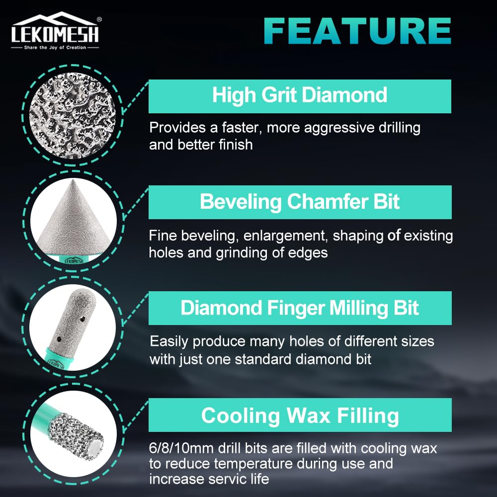 LEKOMESH Tile Hole Saw Kit for Porcelain -(6/6/8/20/25/35/50/75/100mm+Finger Bit+Chamfer Bit+Adapter+Tile Blade) Diamond Tile Drill Bits Precision Cutting for Ceramic Marble Brick Granite