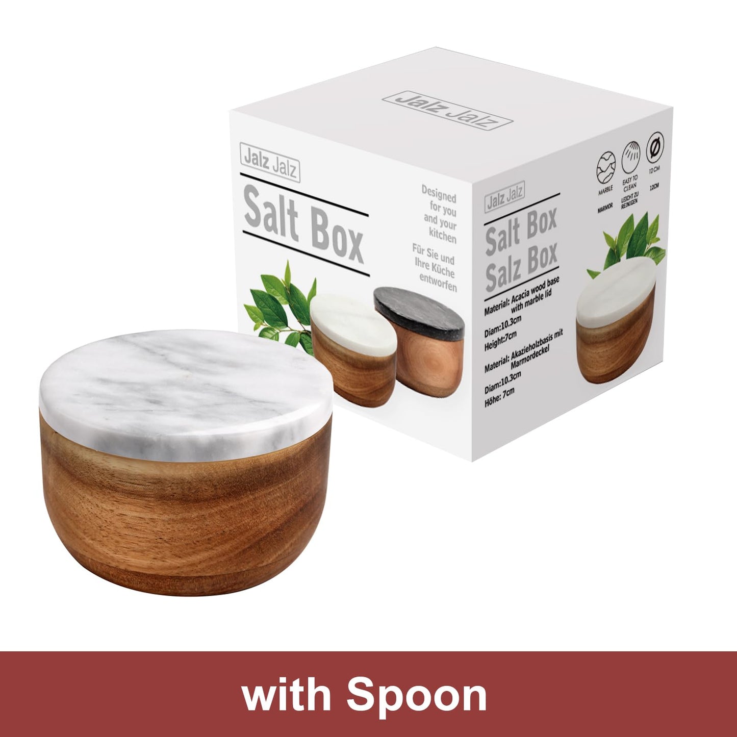 jalz jalz Large Acacia Wood Salt Cellar with Marble Lid - 10oz Heavy Salt Box Pepper Pinch Pot with Spoon - Natural Solid Wood Spice Container Decorative White Grey Marble Cover for Kitchen Counter