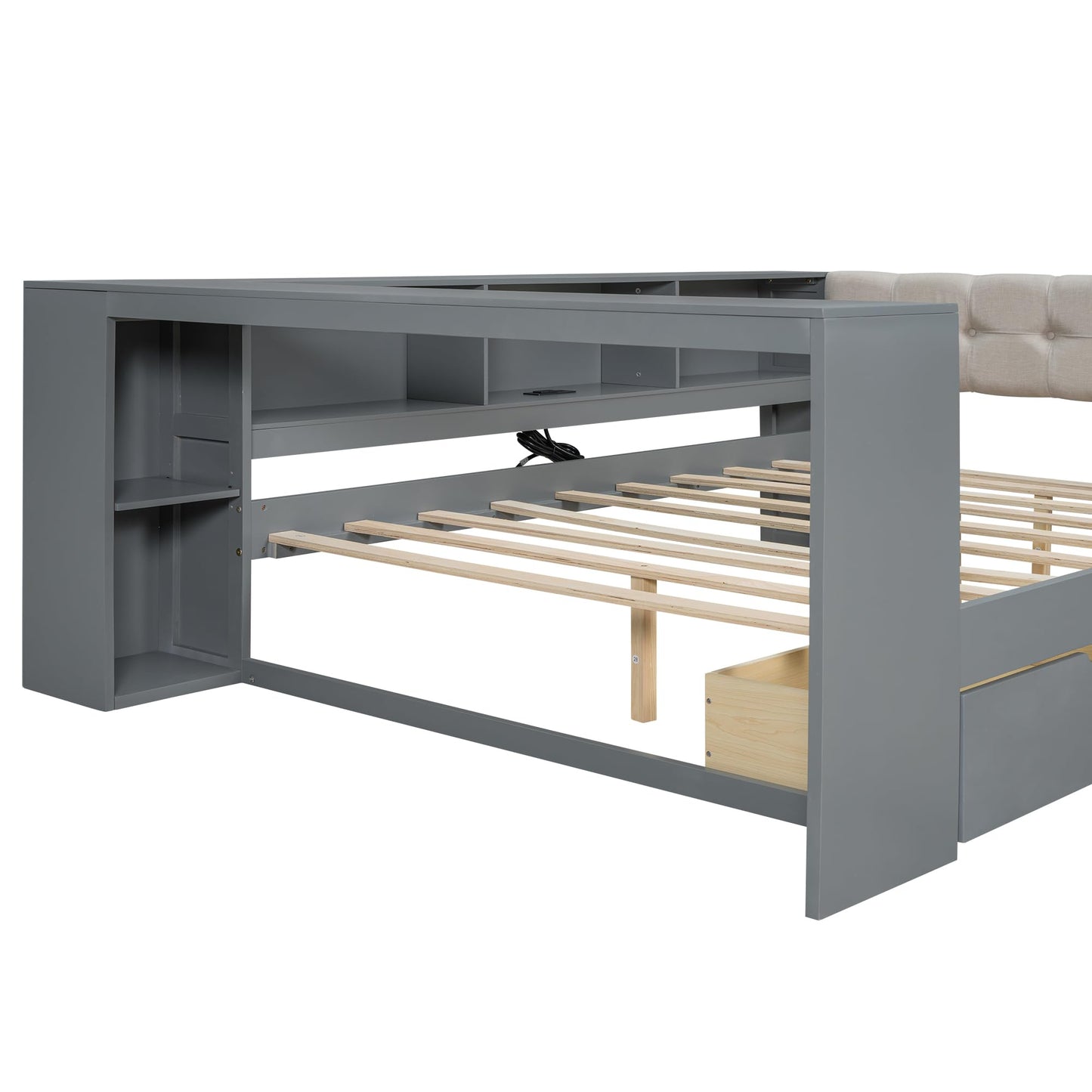 Merax Full Size Platform Bed with Storage Shelves,Drawers,Charging Station and Upholstered Headboard for Bedroom,