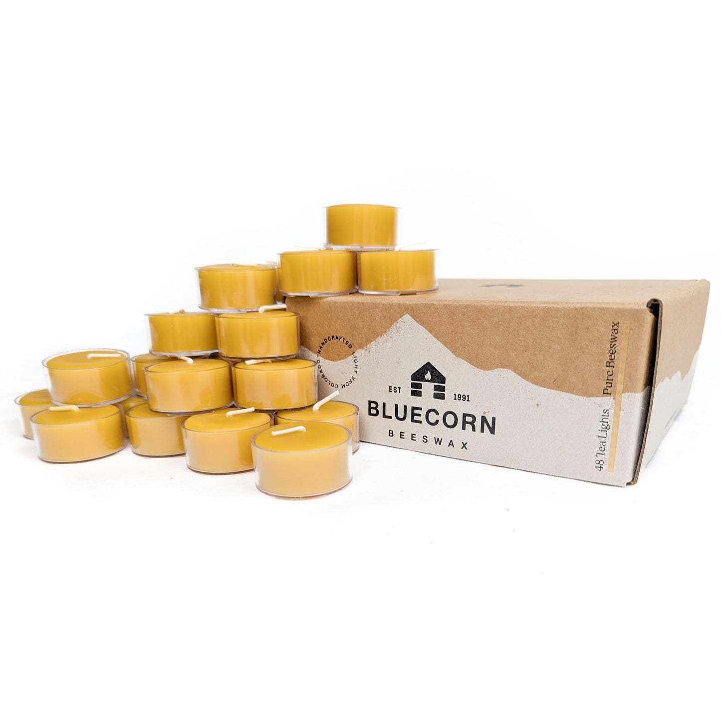 Bluecorn Beeswax Tea Light Candles, 100% Pure Natural Bees Wax, Yellow Tea Lights, Fragrance Free, Paraffin & Soy Free Candle Wax, Clean Burning, Long Lasting (4-5 Hrs), American Made, 48 Pack
