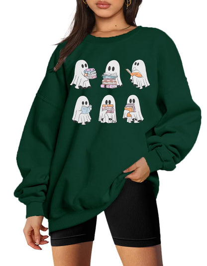 UNIQUEONE Halloween Sweatshirts for Women Ghost Reading Books Sweater Cute Spooky Bookish Shirt Fall Pullover Long Sleeve Tops Green