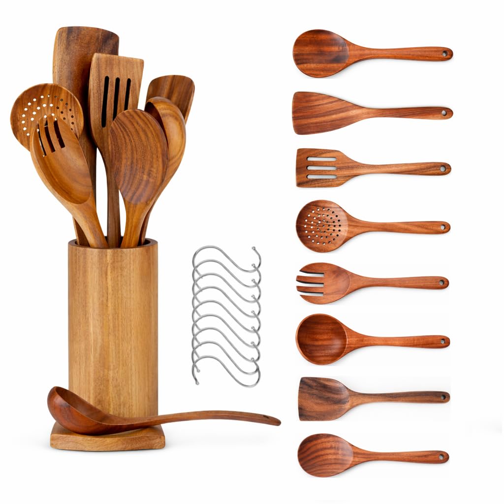 10-Piece Wooden Utensil Set with Holder, Spoon Rest & Hooks – Durable Non Toxic Cooking Utensils - Wooden Spoons for Cooking, Ideal Kitchen Utensil Set for Cooking Enthusiasts & House Warming