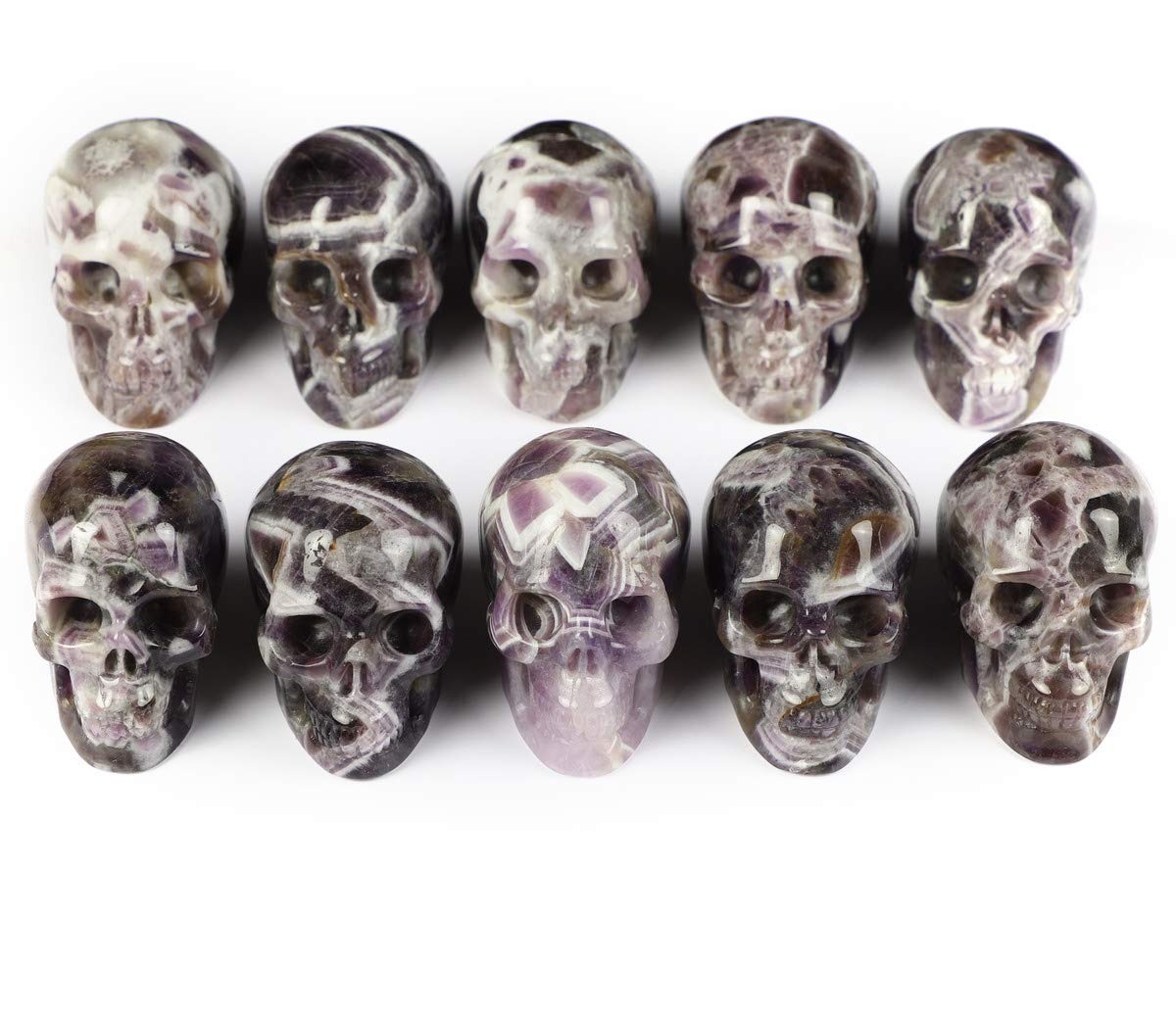 Skullis 2.0" Dream Chevron Amethyst Crystal Skull, Hand Carved Gemstone Fine Art Sculpture, Reiki Healing Stone Statue.1407