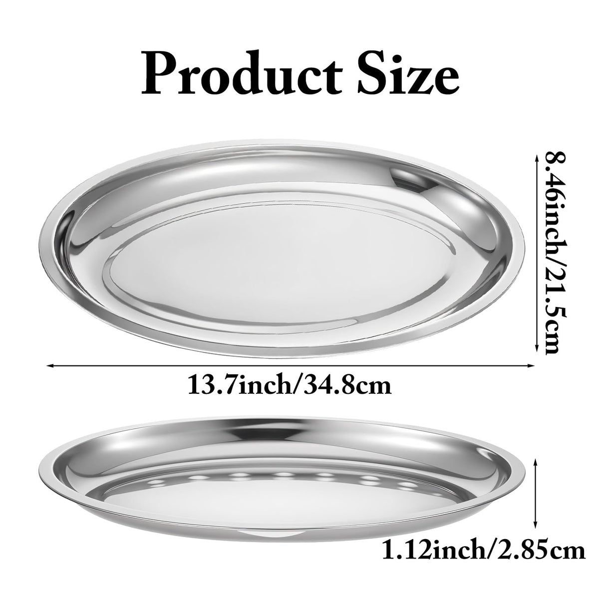 Meyeyaia 6 Pack Stainless Steel Oval Platter, Mirror Polish Large Sizzle Platter Metal Serving Tray Fish Plates, Heavy Duty Silver Tray for Steaming Fish Dessert Meat Sushi (13.7" x 8.5")
