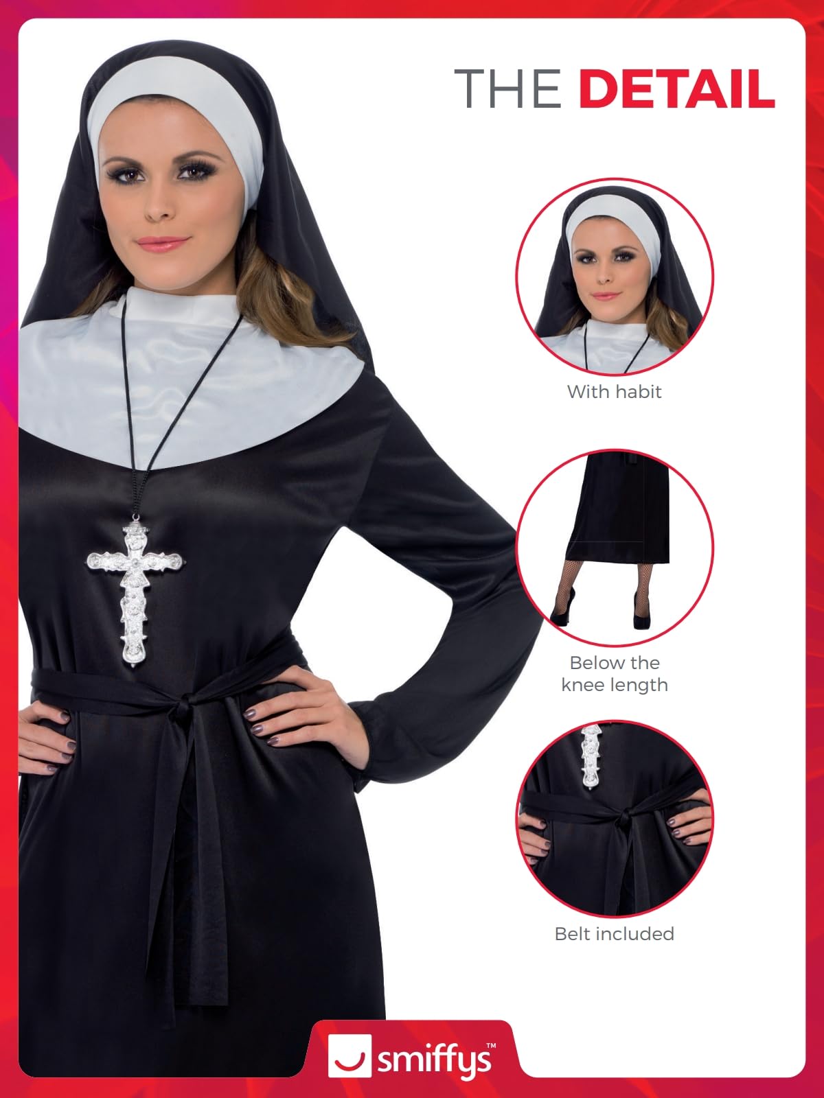 Smiffys Nun Costume, Black with Dress, Belt & Headdress, Saints and Sinners Fancy Dress, Nun Dress Up Costumes