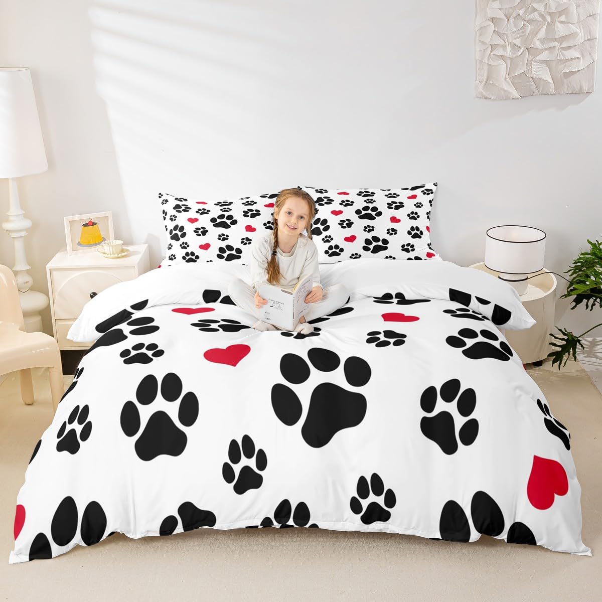Homewish Black Footprints Duvet Cover Set Dog Paw Cat Paw Heart Love Puppy Feet Print Bedding Set 3pcs Fashion Comforter Cover Microfiber Bedspread Cover with 2 Pillow Cases(No Comforter) Queen Size