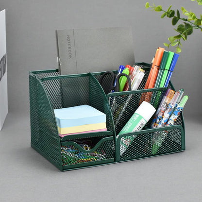 UNVARYSAM Green Desk Organizer Mesh Drawer Storage Accessories with 6 Compartments and Drawer, Desktop Caddy Storing Stationery Trinkets Cosmetics Jewelry Electronic Gadgets for Workspace Classsroom