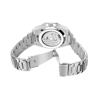 FANMIS Mens Skeleton Watches Luxury Automatic Watch with Stainless Steel Bracelet Wrist Watch (Silver Black)