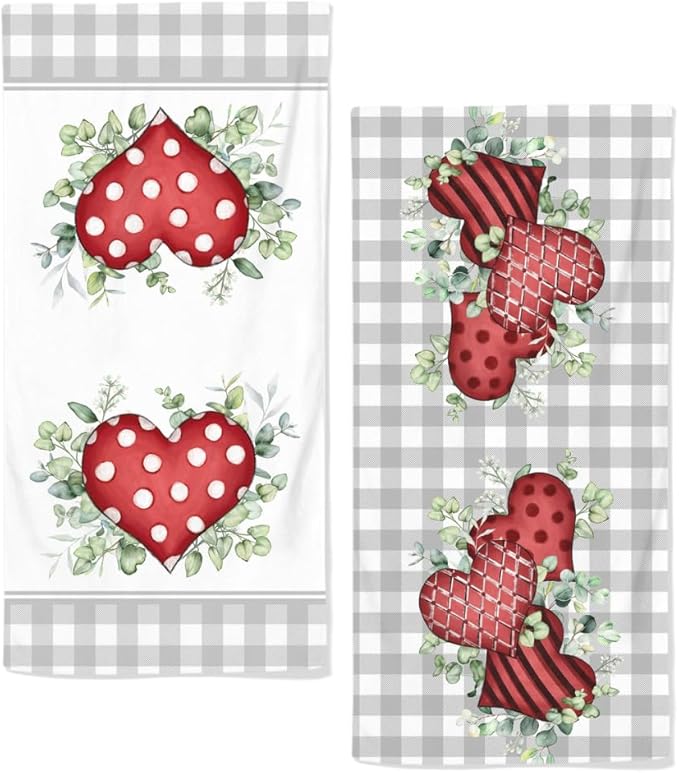 Valentine Bathroom Hand Towels, 2 Packs Decorative Pink Love Heart Kitchen