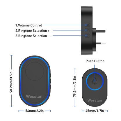 Wesstun Wireless Doorbell with 2 Receivers, IP67 Waterproof Door Chime Kit Operating at The Range of 300m, 2 Plug-in Door Bell Receivers with 39 Ringtones, LED Light & 5-Level Volume Control, Black