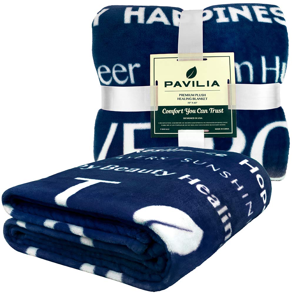 PAVILIA Healing Blanket Fleece, Get Well Soon Gift, Soft Hug Compassion Throw Blanket for Women Men, Comfort Caring Inspirational Patient Gift, Positive Thoughts Prayer Love Throw, 50x60 Navy Blue