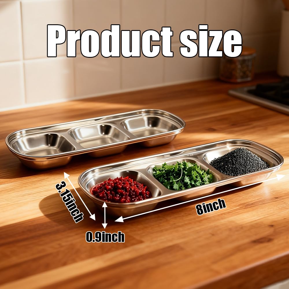 JBESUHI 6 Pcs Stainless Steel Soy Sauce Dish - Korean 3 Compartment Dip Bowls, Silver Divided Sauce Plate Seasoning Tray for BBQ, Vinegar, Spice, Salt, Sugar, Home & Restaurant (Silver)