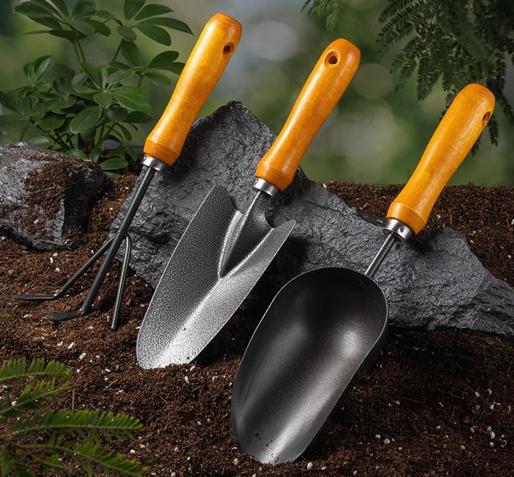 3-in-1 Heavy Duty Gardening Tools Kit, Premium Carbon Steel Garden Hand Tools with Ergonomic Wooden Handle Includes Trowel, Transplanter, and Cultivator, Ideal Gardening Gifts for Gardener
