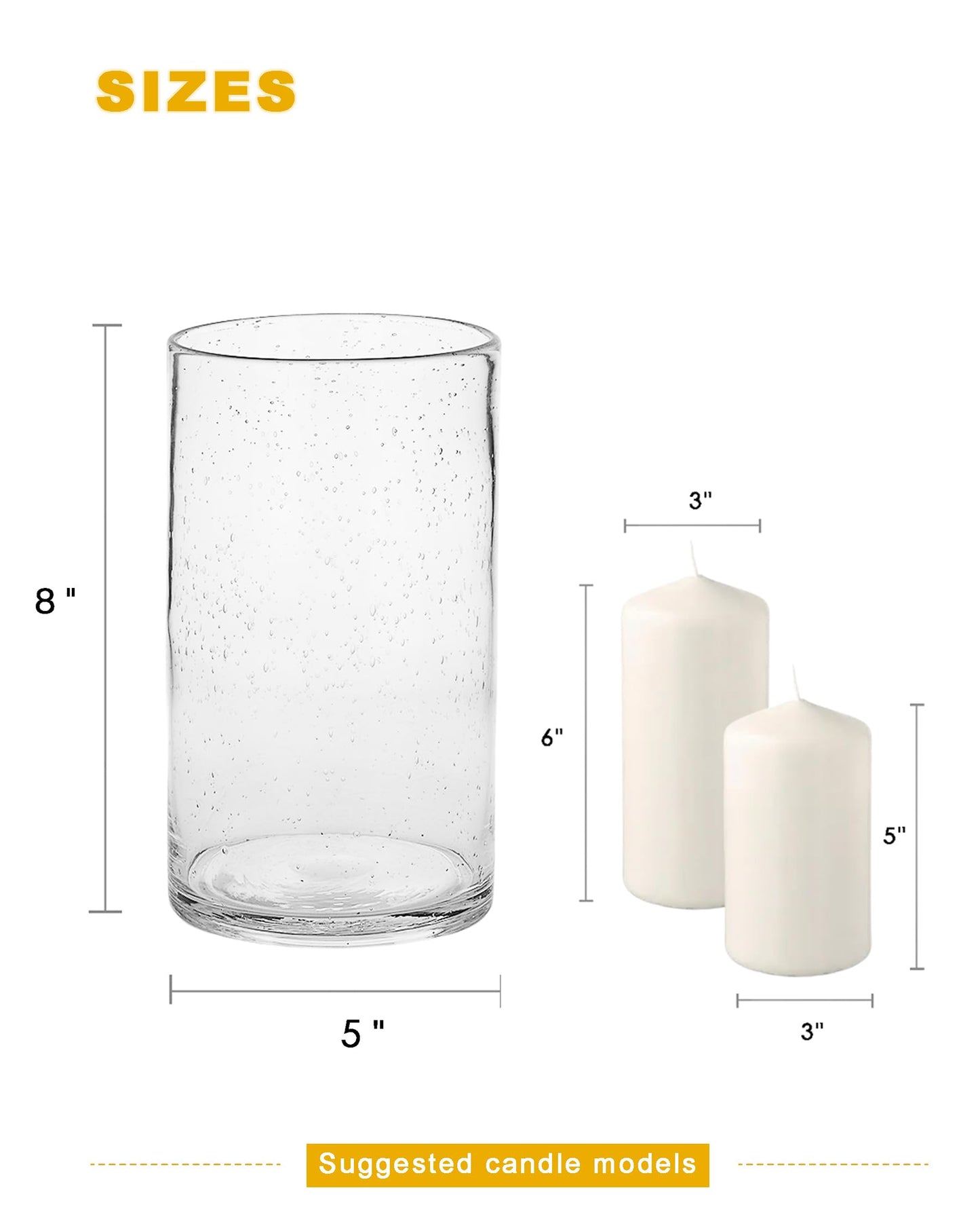 ARIAMOTION Hurricane Candle Holder for Pillar Glass Cylinder Vase Modern Rustic Centerpiece Clear Seeded Home Decor for Kitchen Table Living Room 8" H 1 Pack