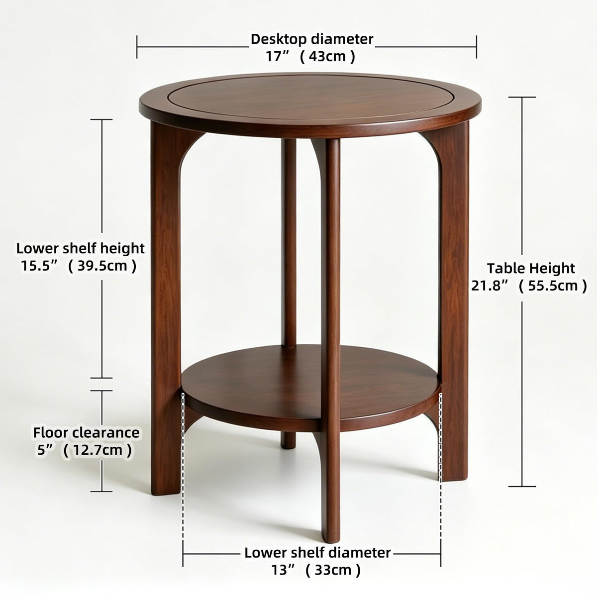 Small Round Side Table, 2-Tier Solid Wood End Table, Mid Century Modern Nightstand for Living Room, Bedroom, Easy Assembly (Walnut)