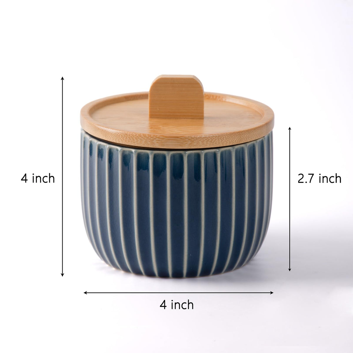 Lunavita Salt Cellar Keeper with Bamboo Lid, 14oz Big Capacity Ceramic Sugar Bowls Pepper Box, Crackle Glaze Seasoning Container Condiment Pot for Kitchen (Blue Color)