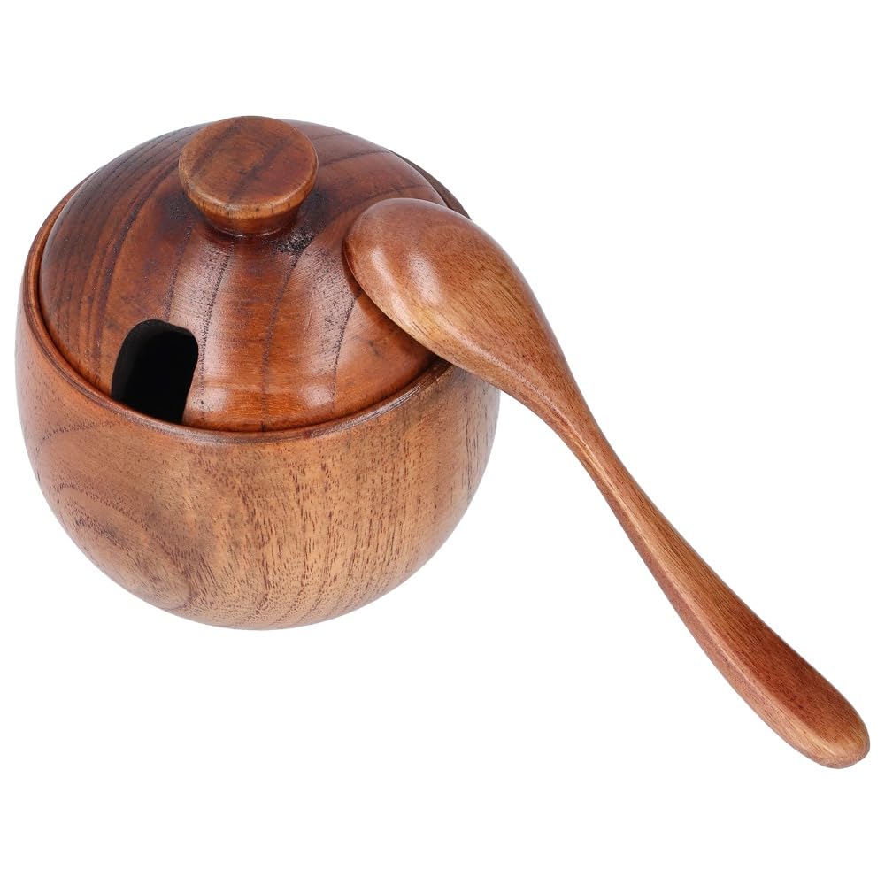 Anu Limen Wooden Sugar Bowl with Lid and Spoon - Spice Jar for Kitchen Pantry, Salt and Peppers Container, Rustic Brown Condiment Dispenser 3.5x3.3 in