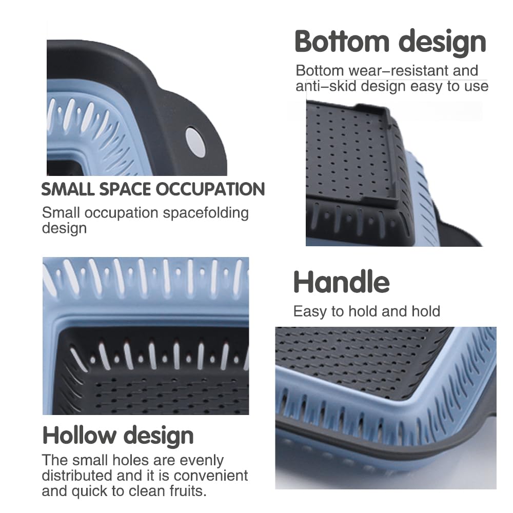 Collapsible Colander Set, Square Round Triangles Silicone Kitchen Strainer Perfect for Draining Pasta Vegetable fruit 2 PCS (10.8"L x 8.6"W x 2"H, Red & Green)