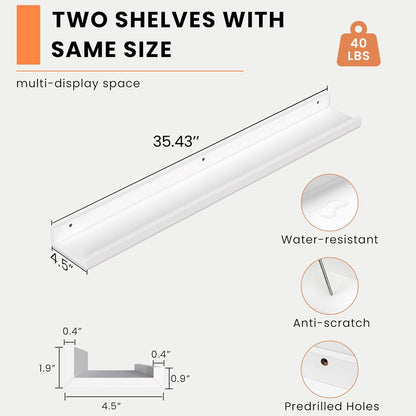 Heimlove Picture Ledge Shelf, Floating Shelves Set of 2, 36 Inches Picture Shelf for Wall with Ledge, Kids Bookshelf Wall Mounted for Living Room Bedroom Decor Books Photo Frames - White