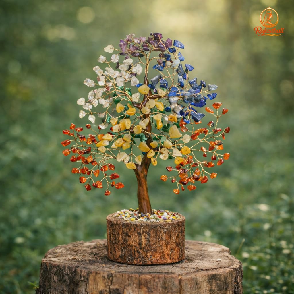 Rajasthali 7 Chakra Crystal Tree for Home Decor | Handcrafted Gemstone Bonsai Tree for Positive Energy, Vastu & Gifting | Wooden Base (Multi Seven Chakra)