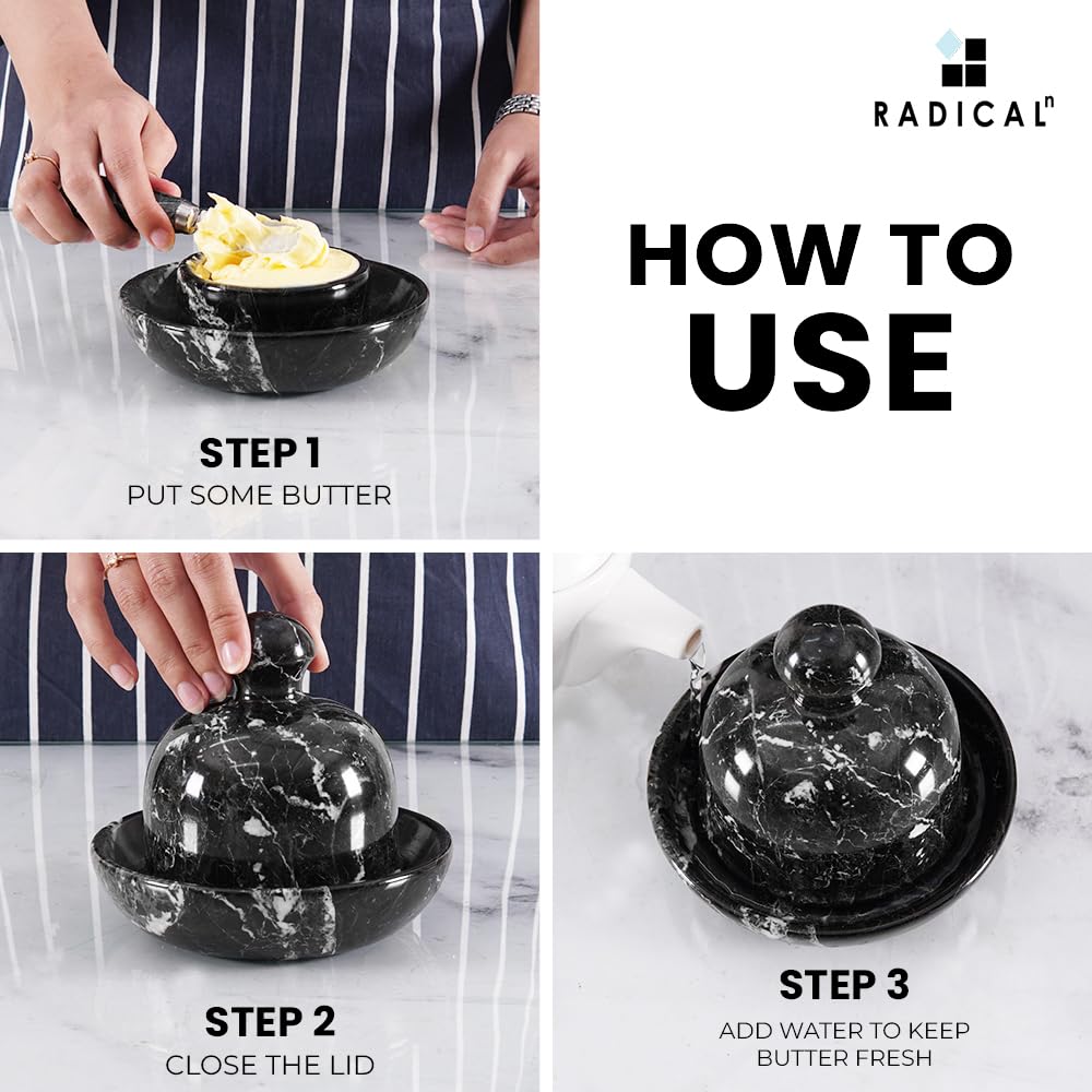 Radicaln Marble Butter Dish With Lid For Countertop 6" Inches Black Zebra Handmade Butter Spreader For Kitchen Accessories, Ideal Butter Crock for Butter & French Butter Holder