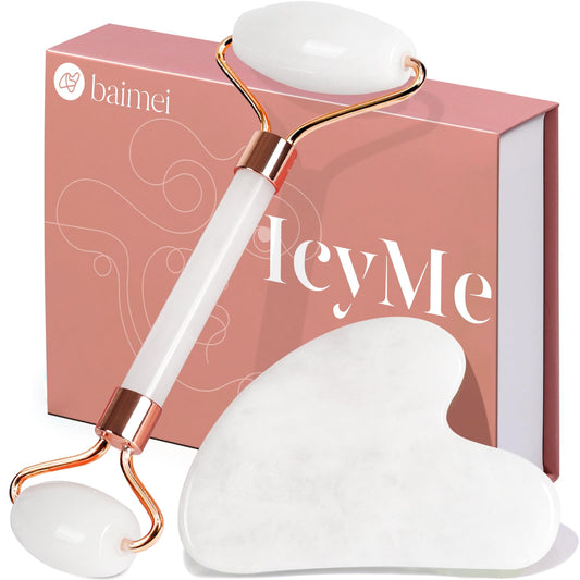 BAIMEI IcyMe Gua Sha & Jade Roller Facial Tools Face Roller and Gua Sha Set for Puffiness and Redness Reducing Skin Care Routine, Self Care Gift for Men Women - Green