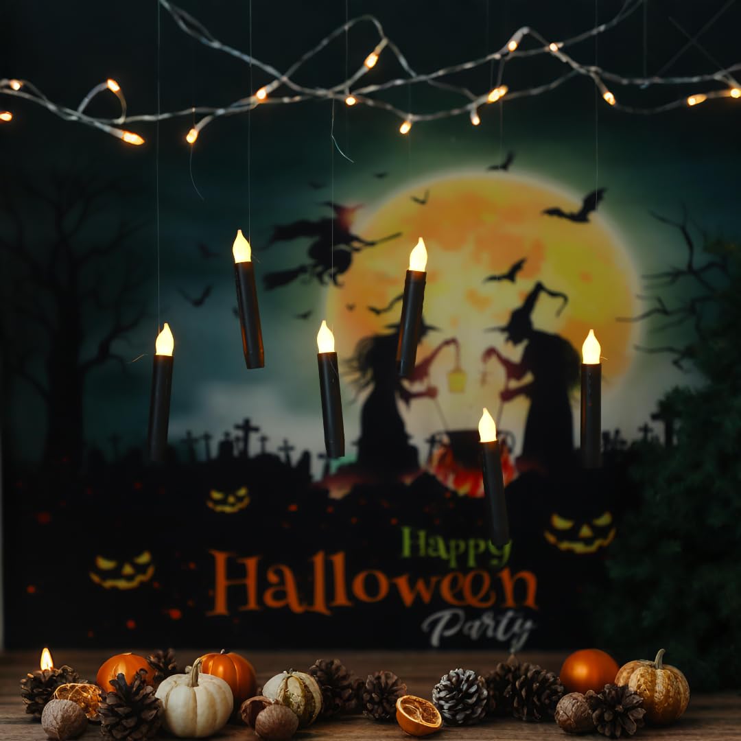 Lezonic 12Pcs Floating Candles with Wand and Remote, Magic Black Flameless Candles Battery Operated, Flikering Hanging LED Taper Candlesticks Halloween Decorations, 0.8" x 6"