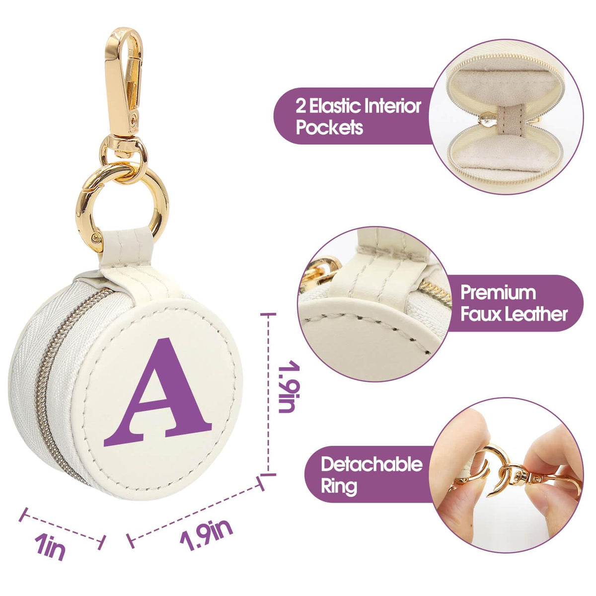 Mini Initial Travel Jewelry Case Ring Holder, Beige Faux Leather Small Jewelry Organizer Box Gifts for Women Girls Nurse Teacher, Gym Travel Accessories Keychain Pouch for Earrings Rings Necklace A