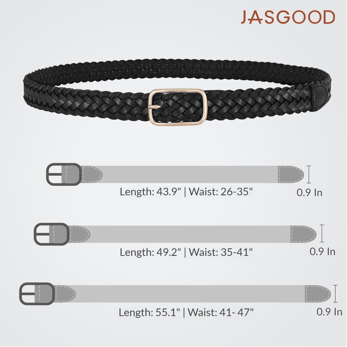 JASGOOD Women Braided Leather Belt Adjustable Plus Size Waist Belt Woven Fashion Casual Belt for Jeans Pants Dresses with Gold Buckle, Black