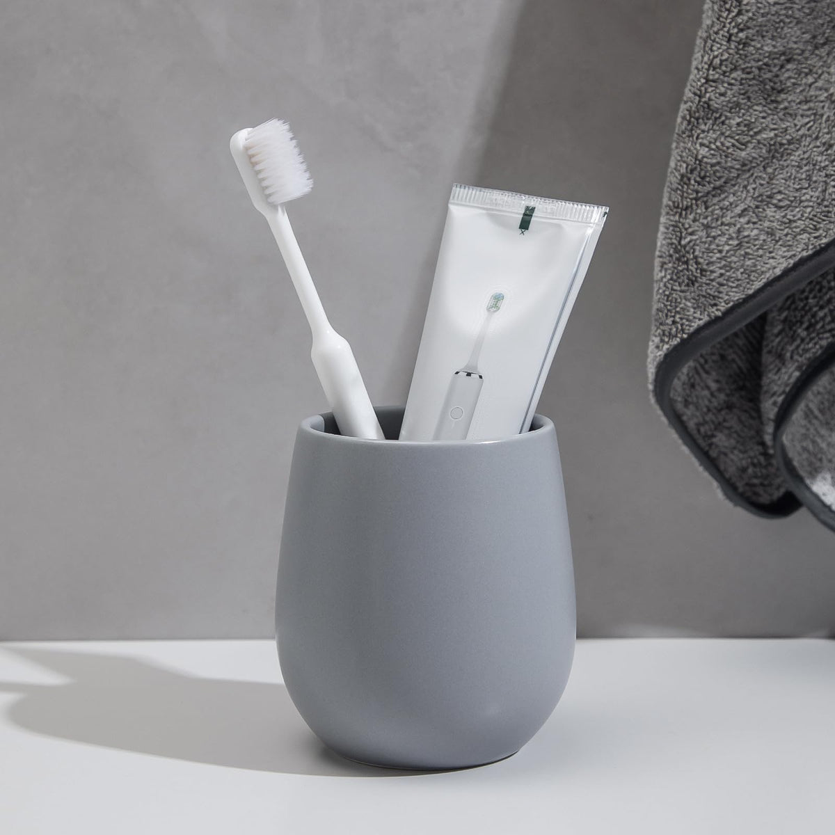 Grey Ceramic Toothbrush Holder - 11Oz Small Bathroom Tooth Brushing Holders, Reusable Mouthwash Cup, Toothpaste Holder, Makeup Brush Holder, Pen Holder for Bathroom Countertop, 1PC