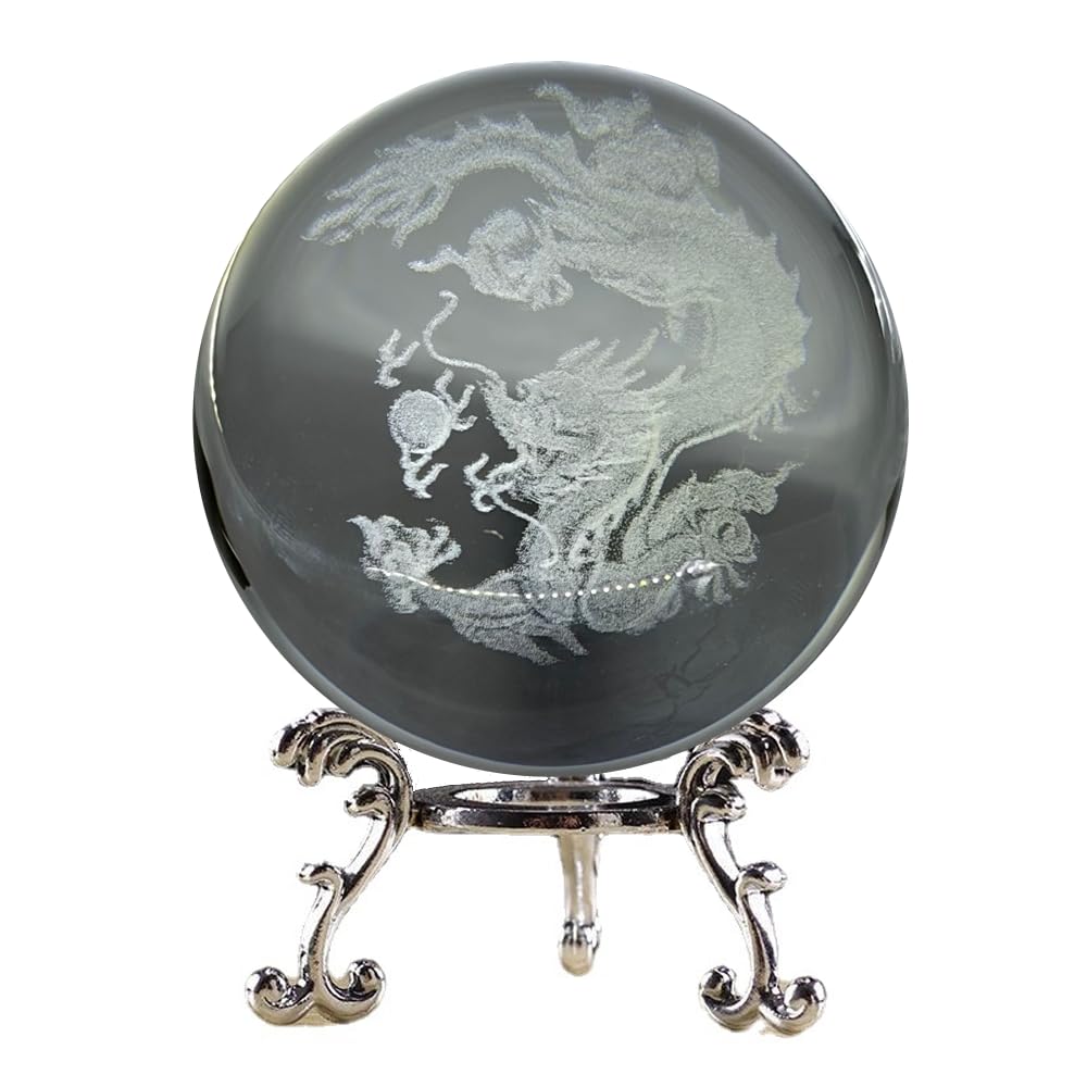 Aprbella 3D Engraved Chinese Dragon Crystal Ball - Fengshui Dragon Decor Statue Figurine, Chinese Decor for Home Office, Housewarming Gift