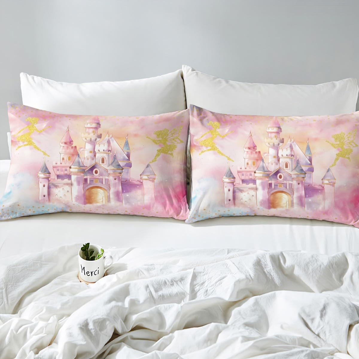 Erosebridal Pink Castle Twin Bedding Set,Cute Dreamy Fairy Fitted Sheet for Girls Teen Kids,Coquette Sweet Princess Bed Set,Kawaii Girly Bed Sheets 2Pcs Room Decor (No Flat Sheet)