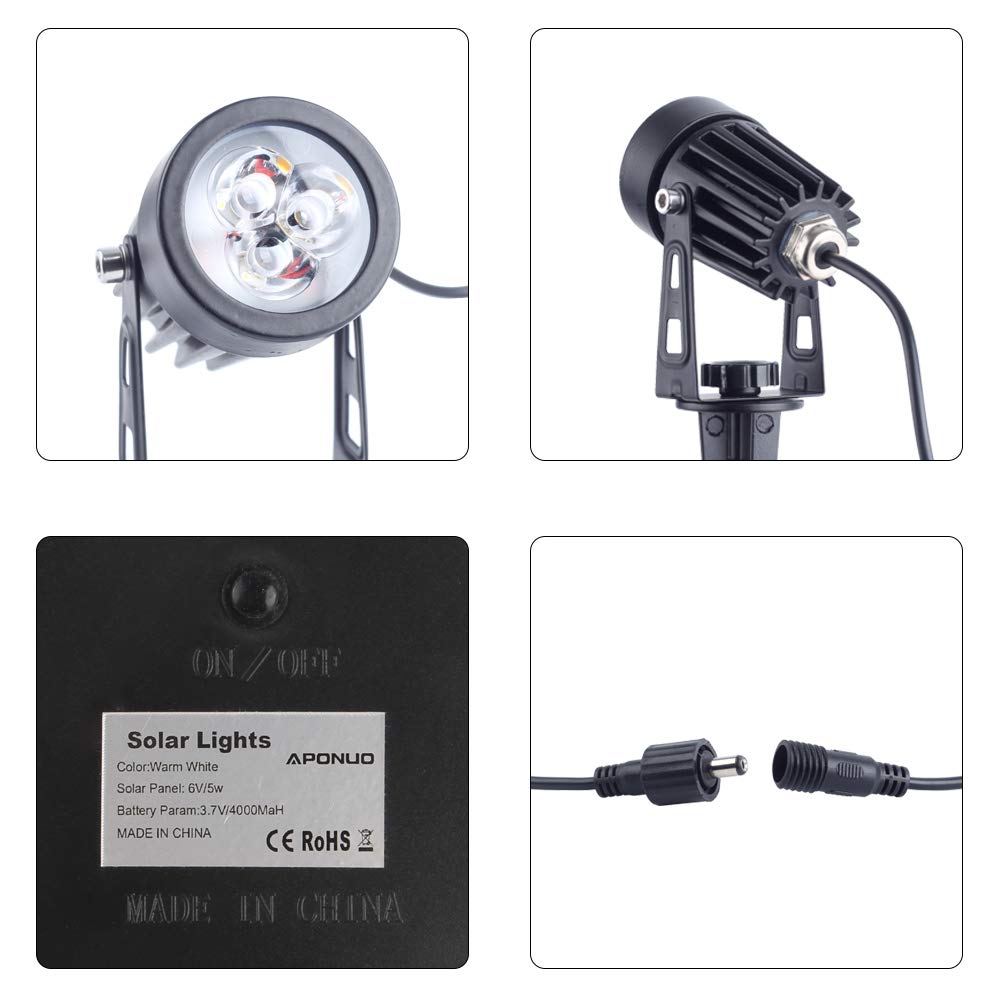 APONUO Metal Solar Spot Lights Outdoor with 9.8ft Cable Solar Powered Landscape Lighting Low Voltage IP65 Waterproof Auto On/Off for Outside Garden Yard Landscape Pathway Garage-Warm White(4-in-1)
