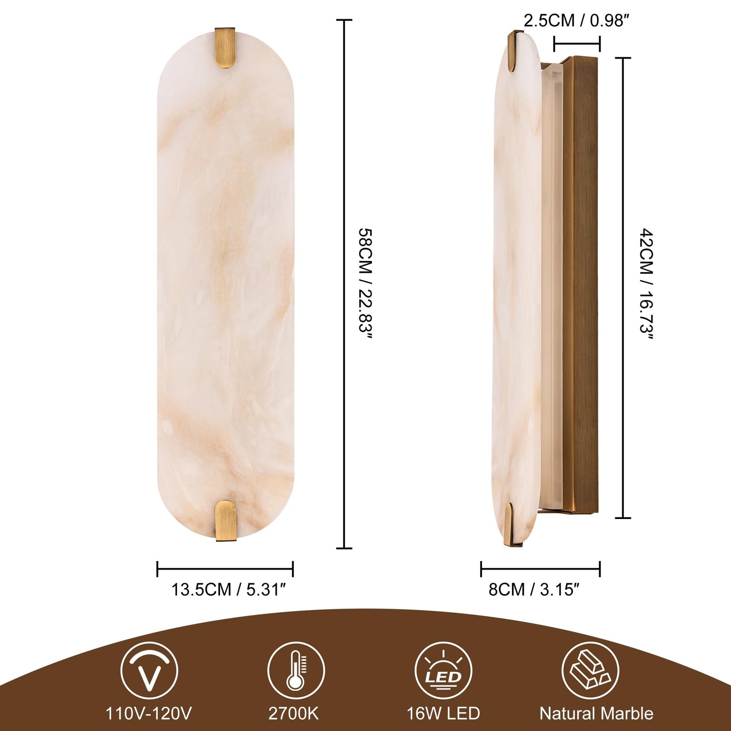 ZEROUNO Alabaster Wall Sconces Set of Two, 22.8 Natural Marble Wall Sconces Wall Lighting, Dimmable Wall Light Fixtures for Bedroom Living Room Stairs Vanity Hallway Bedside,Brushed Gold
