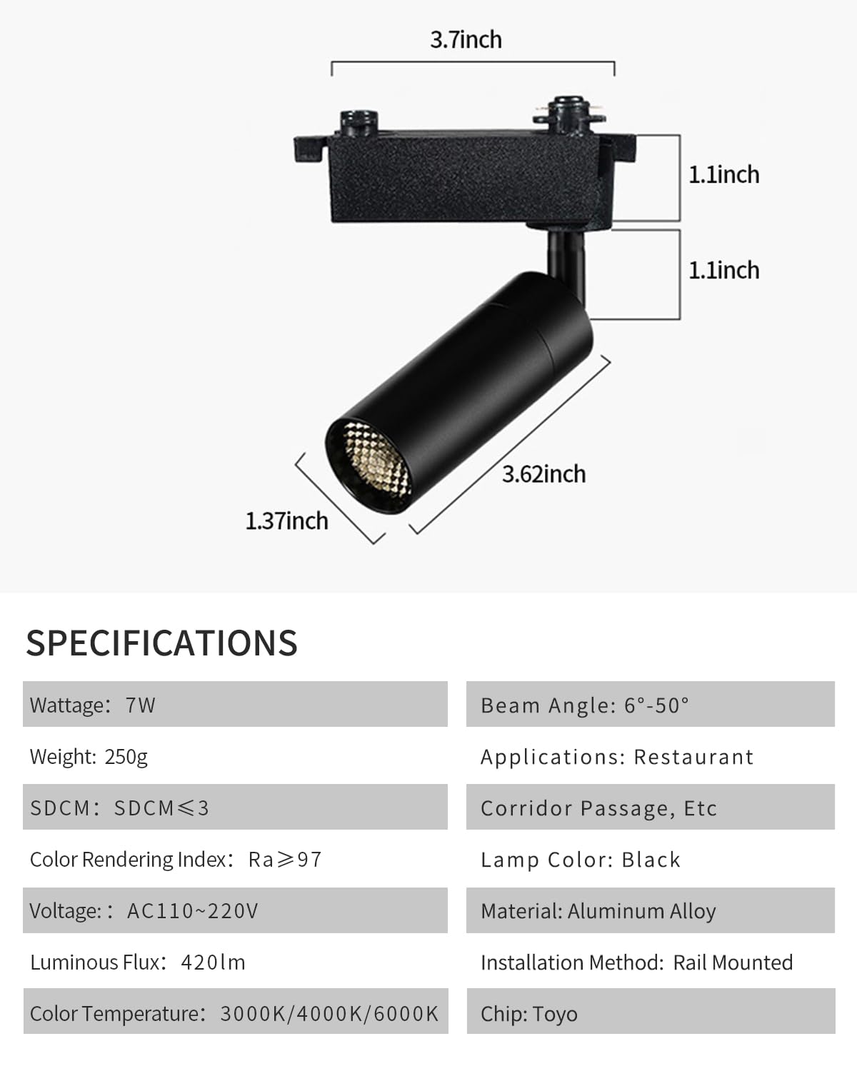 Gpaillumic LED Zoomable Ceiling Spotlight 7W Adjustable Beam Angle 6-50° Swivelable Angle CRI 97 Black Aluminum Accent Lamp for Corridor Mural Living Room - COB Chip