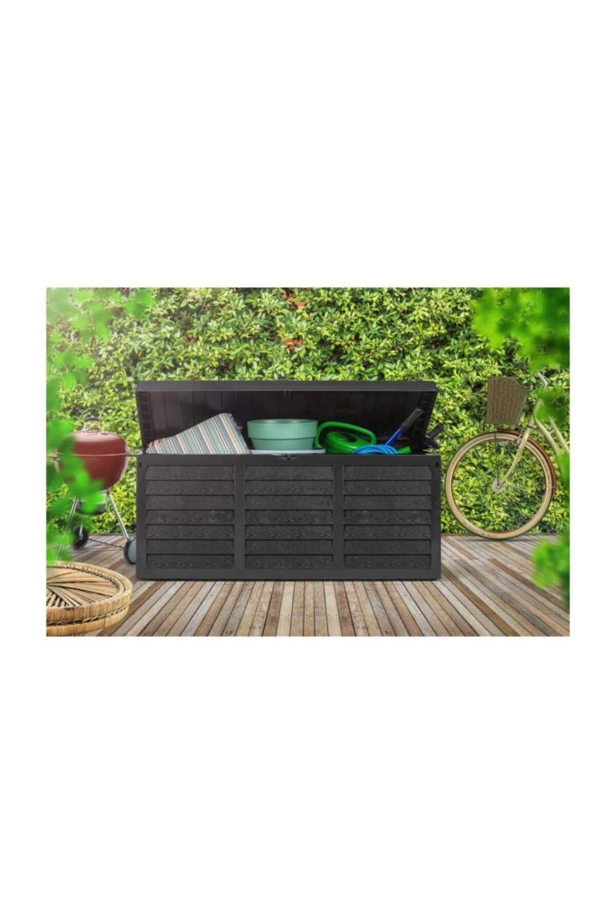 Gr8 Garden 320 Litre Black Plastic Storage Box Lid Patio Shed Utility Cushion Chest Wooden Fence Panel Effect Large Truck Indoor Outdoor Furniture