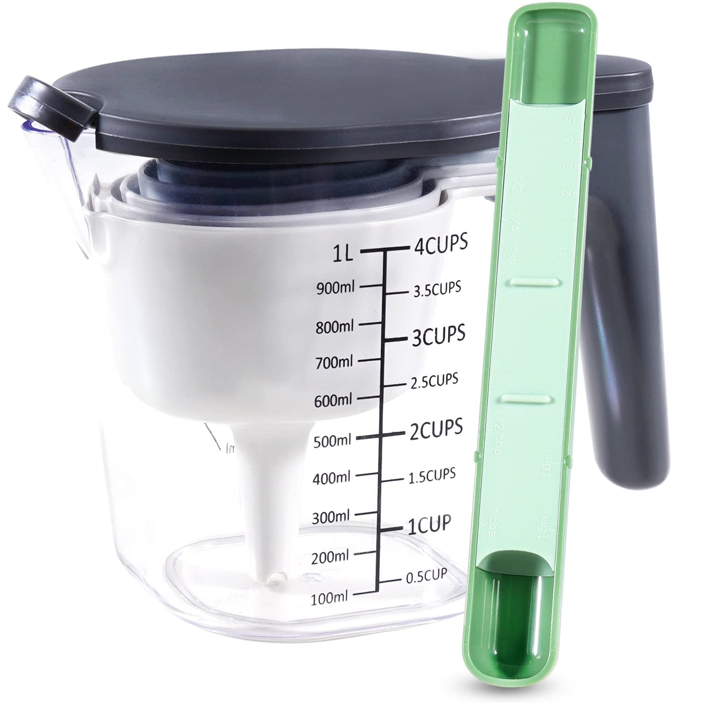 Recogwood 11 Pieces Measuring Cups and Spoons set, Includes 10 Stackable Measuring Cup with Lid and 1 Adjustable Measuring Spoon, Measuring Spoons Set for Liquid and Dry, BPA Free, Dishwasher Safe