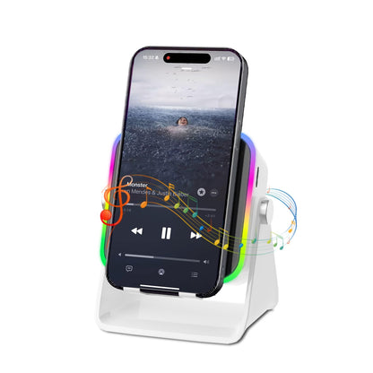 Wireless Induction Speaker 5-in-1 Bluetooth Speaker with Phone Holder, Surround Sound, 3500mAh, 8 RGB Ambient Lights, 360° Adjustable Stand, Holder for iPhone/Android/iPad Gifts for Men Women (White)