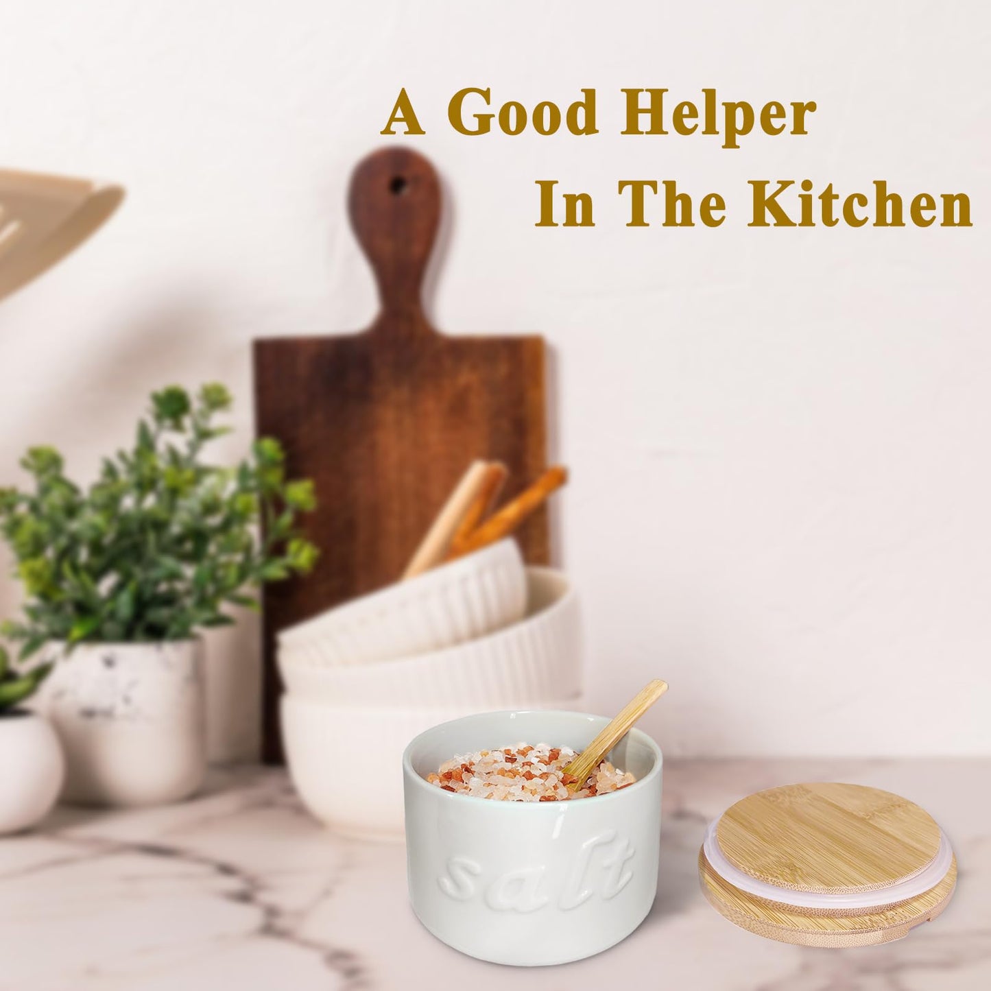 NAXIHOPT Salt Cellar with Lid and Spoon, 16 OZ Airtight Salt Container for Countertop, Ceramic Storage Container for Spices, White