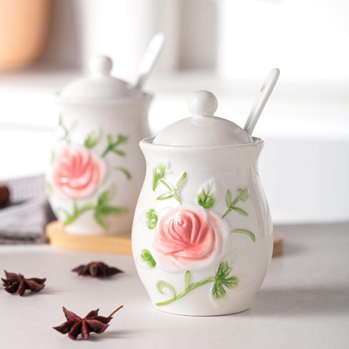 Seasonsplan Hand Drawn Relief ceramics Ceramic Sugar Bowl 2 Pack, PorcelainJar with Tray, Spoon and Lid for Sugar, Pepper, Coffee, Spice, Salt, 8 Ounces (Hand Drawn Relief)