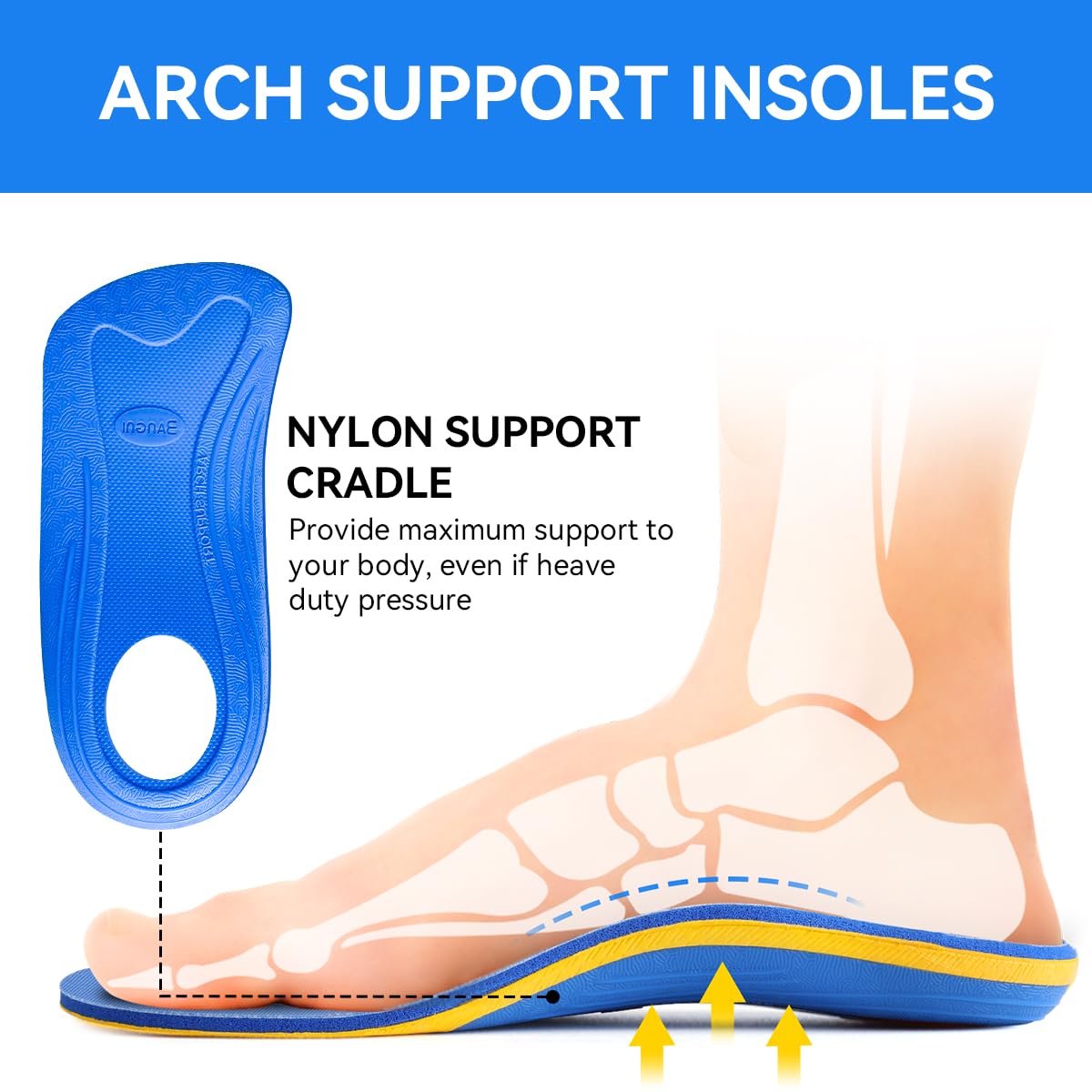 3ANGNI Heavy Duty Support Plantar Fasciitis Orthotic Insoles - 220+ LBS Arch Support, Relieve Flat Feet, Heel Pain, Overpronation, Shock Absorbing and Breathable Insoles, Suitable for Men and Women