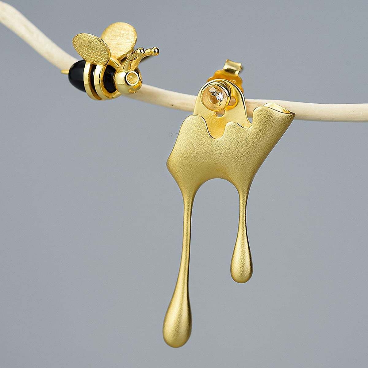 Lotus Fun S925 Sterling Silver Earrings Bee and Dripping Honey Asymmetric Stud Earrings, Creative Handmade Unique Jewelry Gifts for Women (Gold)