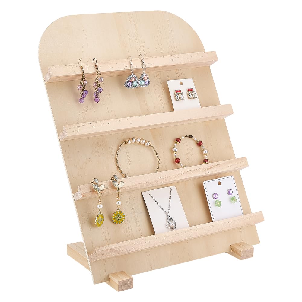 PH PandaHall 4-Tier Wooden Jewelry Display Stand Earring Card Displays Tower Bracelets Stands Rack Craft Fairs Showcase Holder with Slots for Selling Retail Jewelry Showing Exhibition Storage