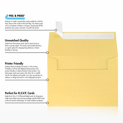 LUXPaper A2 Invitation Envelopes | Peel & Press | 4 3/8" x 5 3/4" | Gold Metallic | 80lb. Text | 50 Qty